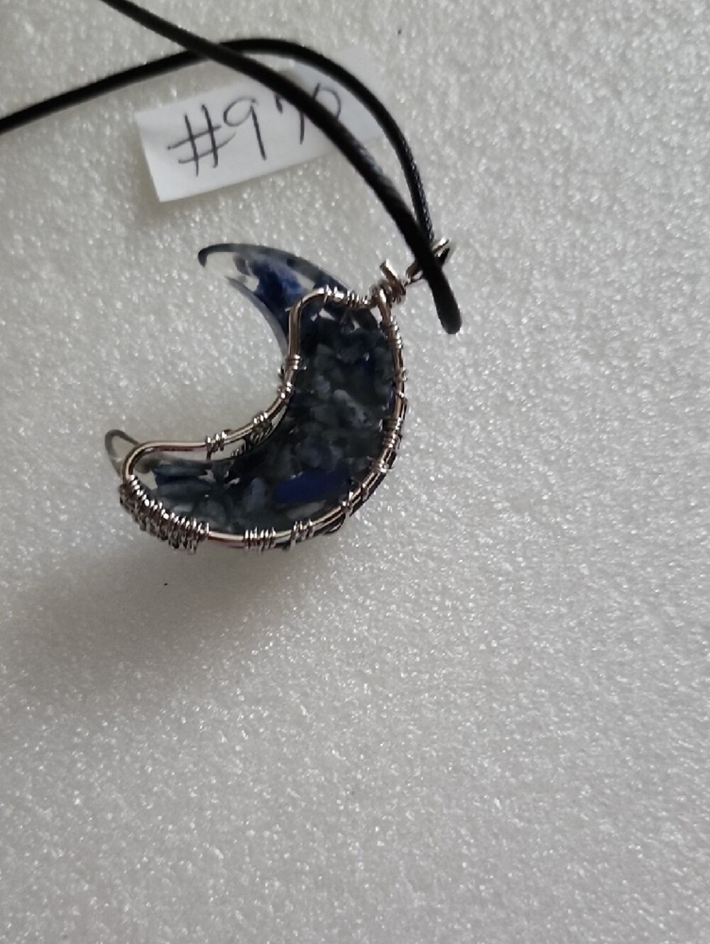 Hand Crafted Navy Blue Crescent Moon Wire-Wrapped Pendant Necklace - Picture 3 of 7